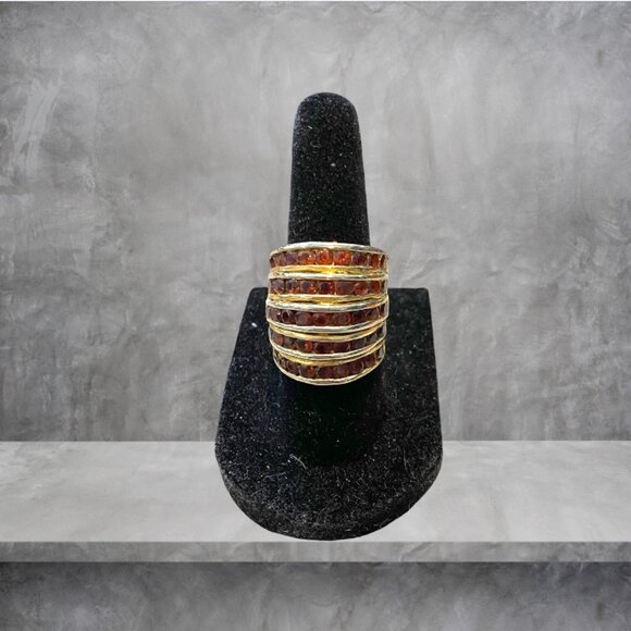 Gold Toned Ruby Ring, Alternating Bands of Metal with Rows of "Rubies" (Faux) - Picture 1 of 5